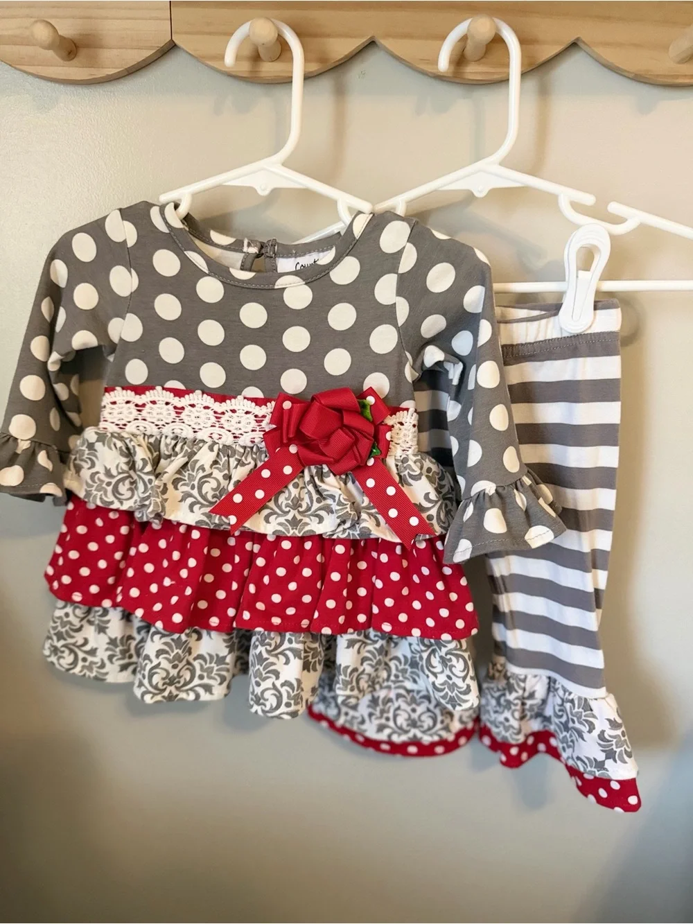 Counting Daisies Girls 3-6M 2Pc Polka Dot Ruffle Bow Top Stripe Pants Outfit Set